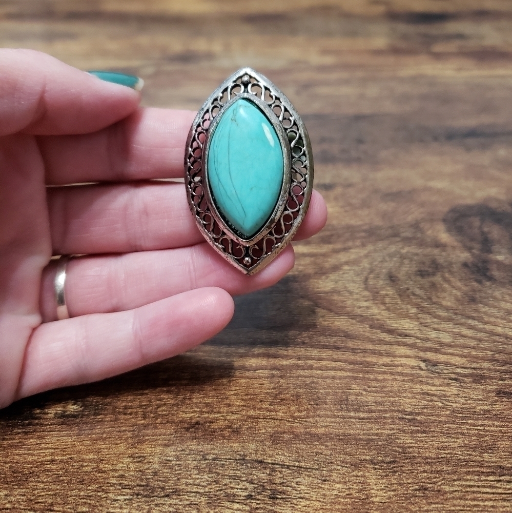 Turquoise Silver Tone Statement Ring Size 8.5 - image 1